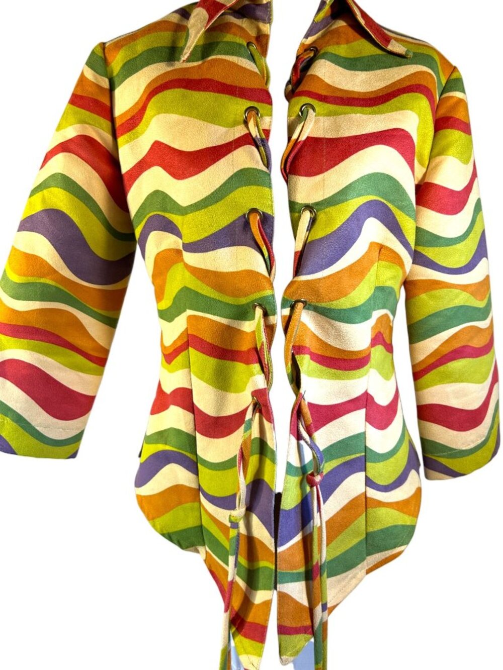 Vintage Annalese Multicolor Wave Print Jacket With Lace-Up Front & Tailored Fit - Picture 2 of 8